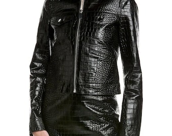 Damen Luxus Lammfell Lederjacke Krokodil Print Stilvoller Mantel