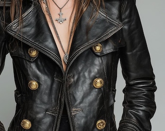 May include: Black leather jacket with gold buttons and a double-breasted design. The jacket features a notched collar and a belt with a gold buckle. Multiple silver necklaces and rings complete the look, creating a bold, edgy style.