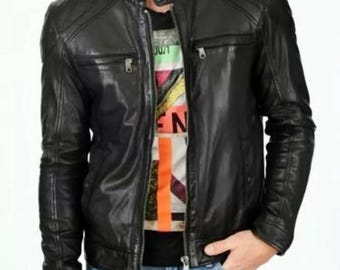 Men's Lambskin Leather Motorcycle Jacket: Soft Black Biker Coat