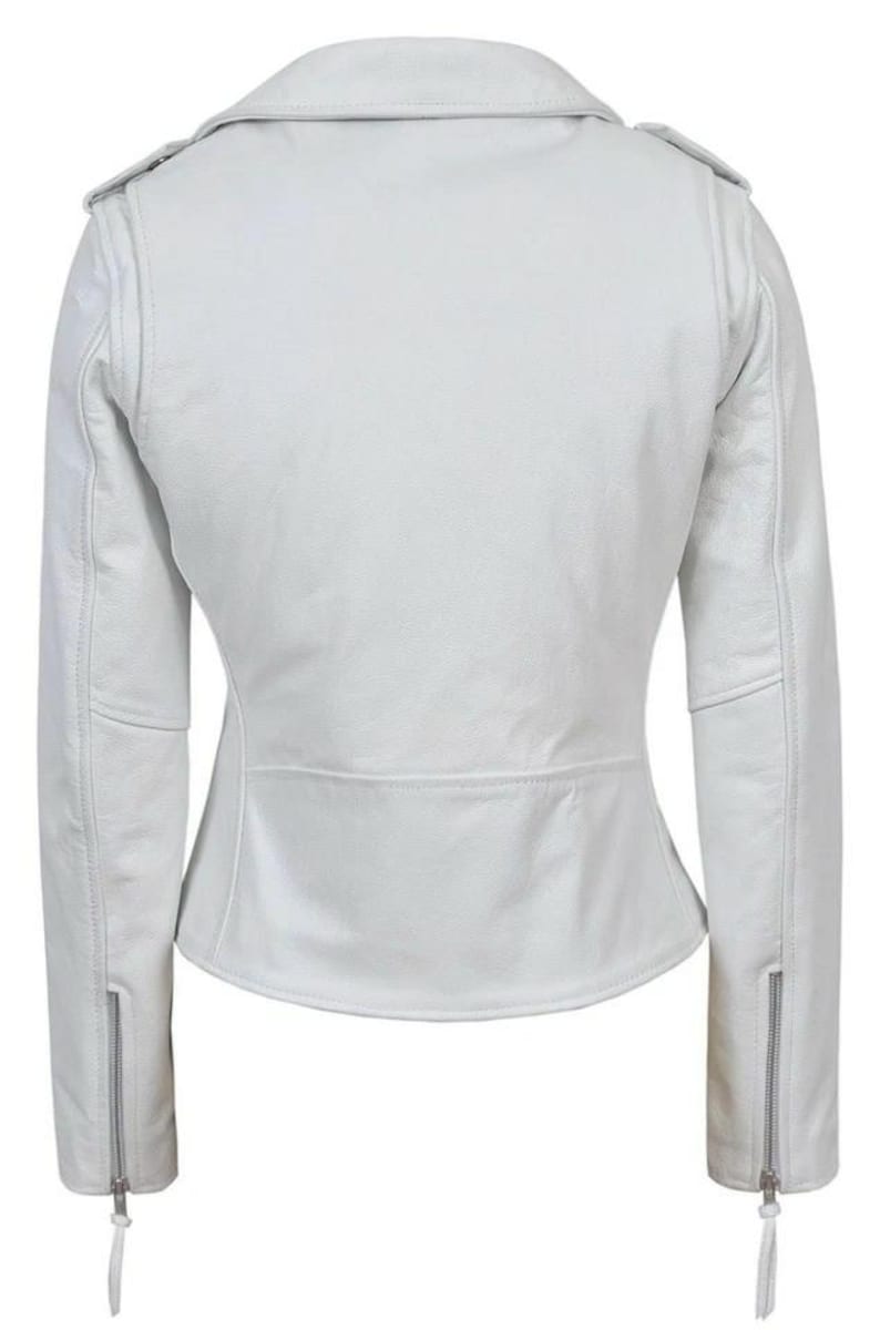 May include: A white leather jacket with a classic biker style. Features include a notched collar, shoulder epaulets, and zippered sleeves. The jacket has a tailored fit and a slightly asymmetrical zipper closure.