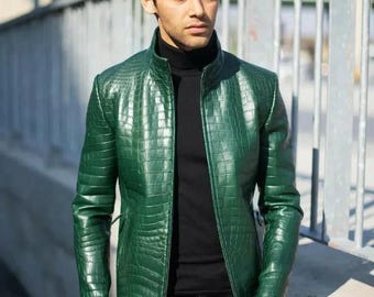 Handmade Green Crocodile Embossed Leather Biker Jacket