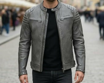 Men's Grey Lambskin Leather Biker Jacket | Distressed Moto, Slim Fit