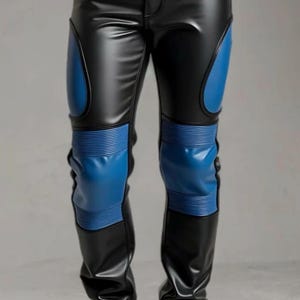 Handmade Real Cow Soft Leather Biker Pant For Men Black And Blue 5 Pocket Pant