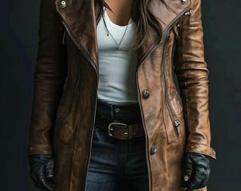 Abrigo vintage de mujer de cuero marrón envejecido con cuello de piel - Chaqueta hecha a mano de auténtica piel de cordero con cuello de borrego.