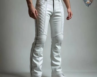 Men's Genuine Cow Soft Leather Quilted Panels White Pant