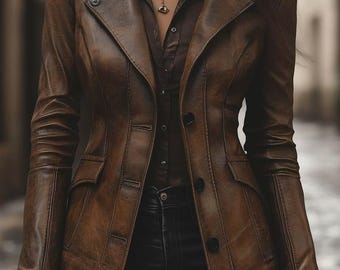 May include: A brown leather jacket with a classic design. The jacket features a notched collar, button closures, and pockets. The sleeves have adjustable cuffs. The jacket is worn over a brown button-down shirt and dark blue jeans.