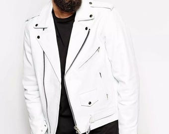May include: A white leather jacket with a classic biker style. Features include a notched collar, asymmetrical zip closure, multiple zippered pockets, and snap details. The jacket has a tailored fit and a sleek, modern aesthetic.
