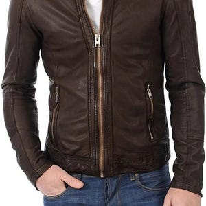 Men&#39;s Genuine Lambskin Leather Brown Designer Jacket Slim fit Motorcycle jacket