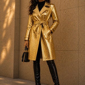 Può includere: Un trench coat dorato con un motivo strutturato a forma di pelle di coccodrillo. Il cappotto presenta una cintura in vita, un design doppiopetto e maniche lunghe. Abbinato a stivali neri sopra il ginocchio e una piccola borsa nera.