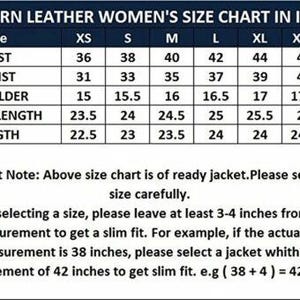 May include: A size chart for western leather jackets, with measurements in inches. The chart details bust, waist, shoulder, sleeve length, and length for sizes XS to XXXL. The text advises careful size selection for a slim fit.