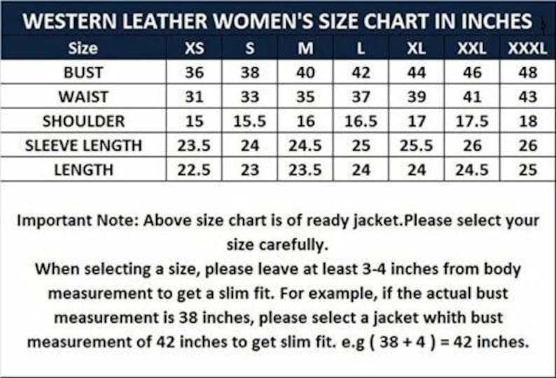May include: A size chart for western leather jackets, with measurements in inches. The chart details bust, waist, shoulder, sleeve length, and length for sizes XS to XXXL. The text advises careful size selection for a slim fit.