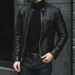 Mens Black Genuine Leather Motorcycle Jacket Real Leather Biker Jacket Casual Jacket
