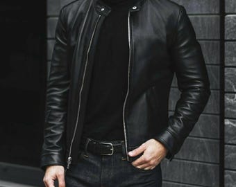 Men's Black Sheepskin Leather Biker Jacket: Zipper Closure