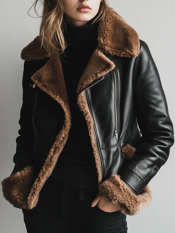 Women’s  Leather Coat – Black Sheepskin Jacket with faux Fur Lining