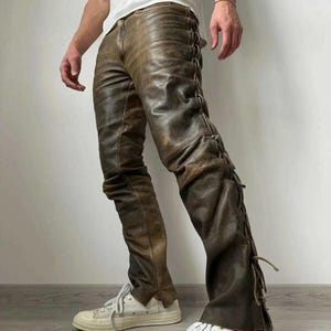 Men Real Cow Distressed Leather Pant Biker Jeans Style 5 Pockets with Side Laces
