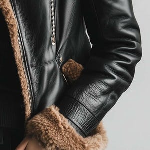 May include: Black leather jacket with brown fur lining and trim. The jacket has a zip closure and a pocket. The sleeves are long with a ribbed cuff. A classic style.
