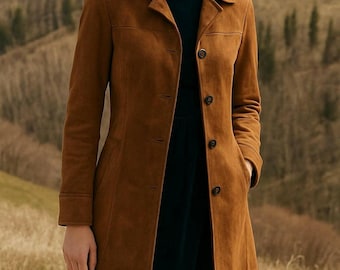 Women’s Brown Suede Leather Coat – Vintage Long Button Up Jacket