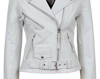Giacca da donna Brando White, nuova, stile biker, in vera pelle bovina.