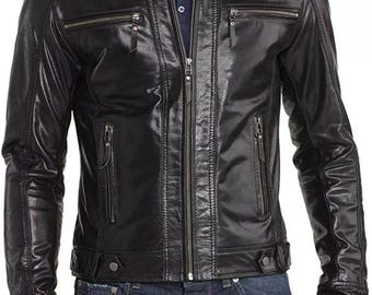 Men's Genuine Sheepskin Leather Motorcycle Jacket - Black Biker Style