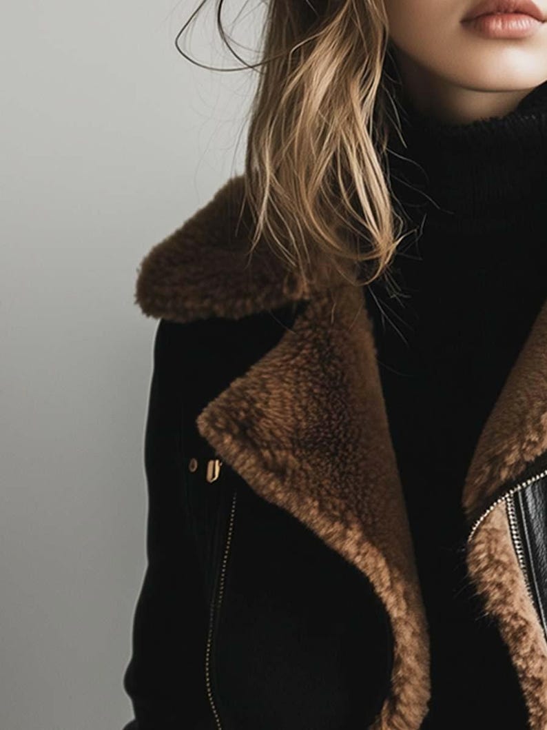 May include: Black jacket with brown faux fur trim and a black turtleneck. The jacket has a zip closure and gold-coloured hardware. The faux fur trim is a warm brown colour.