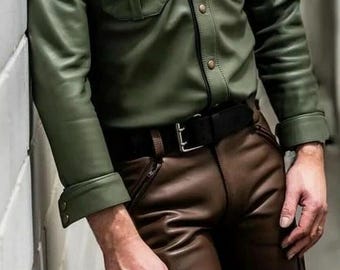 Men's Real Leather Green With Brown Accent Leather Full Sleeves Shirts