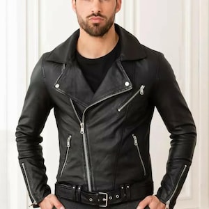 Men&#39;s Genuine Lambskin Leather Black Designer Jacket Slim fit Motorcycle jacket