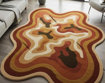 Abstract Wavy Hand Tufted Rug, Mid Century Modern Irregular Shape Area Rug.
