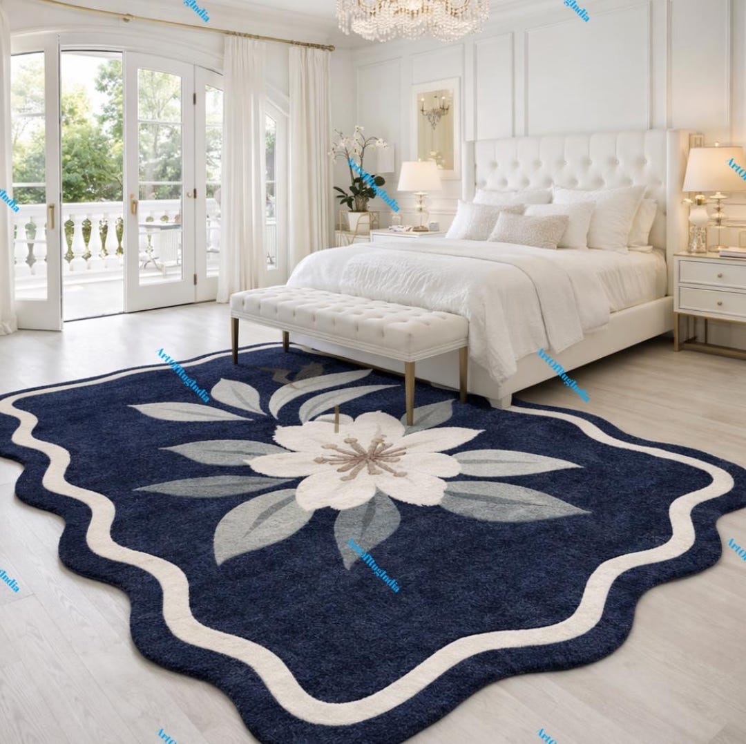 Luxury Navy-blue Floral Hand-tufted Rug | Wool-area Carpet | Modern ...