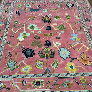 Handmade Peach Pink Oushak Wool Rug: Colorful Bohemian Carpet