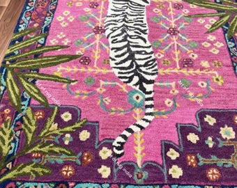 Pink Tiger Wool Rug, Hand Tufted Animal Area Rug, Floral Statement Carpet