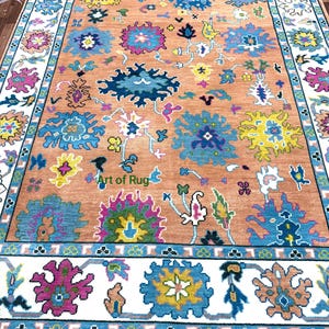 Hand-Knotted Wool Oushak Rug: Peach, Green Floral Vintage Carpet