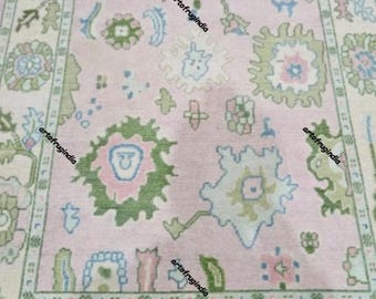 Hand-knotted Oushak Rug Pink & Sage Green | Pastel Wool Area Rug | Vintage Turkish Style.