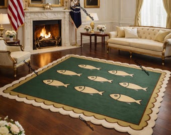 Alfombra de pasillo hecha a mano / Alfombra de pasillo de lujo con estampado de peces de lana verde / Alfombra personalizada para pasillos y escaleras