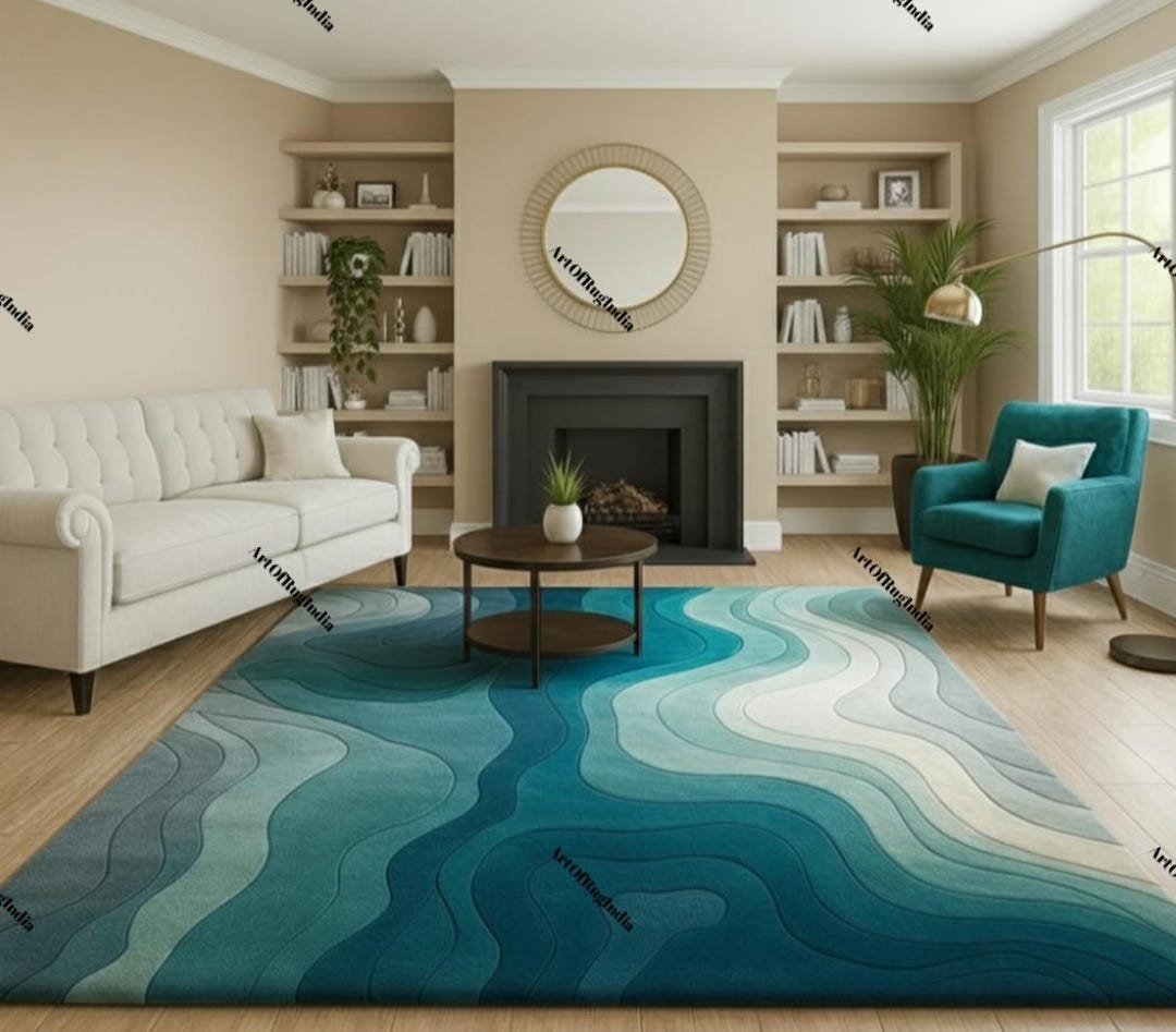 Blue Ocean Wave Area Rug, wasbaar tapijt, moderne slaapkamertapijten, pluizig vloertapijt, antislip, zeewatergolven kunsttapijt voor woonkamer slaapkamer decor kinderkamer thuis