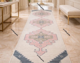 Pastel Oushak Runner-Rug, Pink Blue Turkish Hallway Rug, Hand-knotted Wool Runner, Custom Size