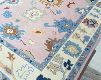 Hand Knotted Wool Oushak Rug: Pink Floral Area Rug, Blue Cream Border, Multicolor Transitional