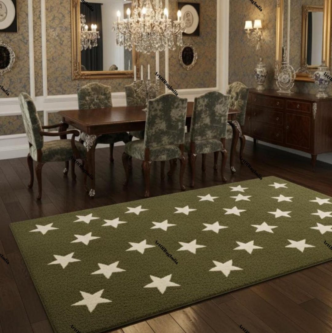 Hand Tufted Star Rug - Moss Green & Ivory White Area Rug - Custom ...