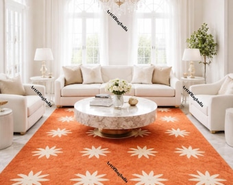 Alfombra de lana tejida a mano, alfombra naranja con diseño de estrellas, moderna y lujosa, para sala de estar y hotel.