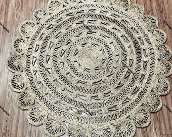 Handwoven Jute Area Rug: Round Boho Farmhouse Decor