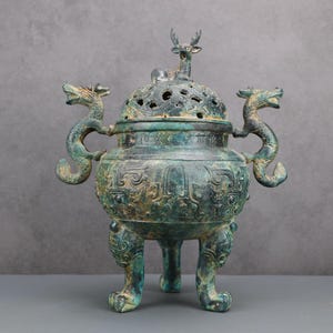Handmade Chinese Bronze Incense Burner with Double Dragons | Ancient Style Censer for Home Decor or Altar | 9.4in H, 4.6lbs