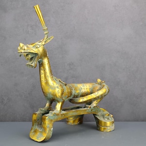 Handcrafted Ancient Style Gilt Bronze Dragon Lamp Decor Traditional Chinese Mythical Beast Bronze Artifact | Fantasy Oriental Home Sculpture