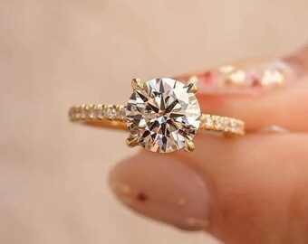 2 Ct  Moissanite & CZ Diamond Ring: 14k Yellow Gold Hidden Halo Solitaire Ring Set