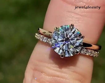 9mm Round Cut Moissanite Double Band Halo Ring: 14k Gold Wedding Ring