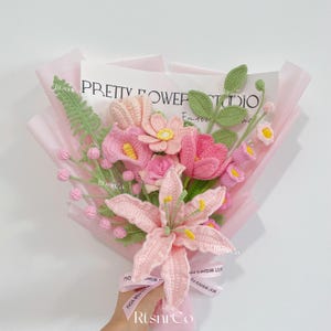 Crochet Pink Lily Flowers Bouquet,Knit Rose,Tulip,Lily of the Valley Bouquet,Birthday,Anniversary Gifts,Room Decoration,Forever Flowers