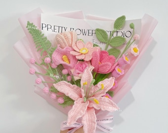 Virkad rosa liljebukett, stickad ros, tulpan, liljekonvaljbukett, födelsedag, jubileumspresenter, rumsdekoration, för alltid blommor