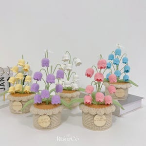 Op de afbeelding: Een verzameling handgemaakte gehaakte bloemstukken in kleine potten. De bloemen zijn in verschillende kleuren, waaronder geel, paars, wit, roze en blauw. Elke pot heeft een houten label met tekst. De potten zijn beige en hebben een geschulpte rand.