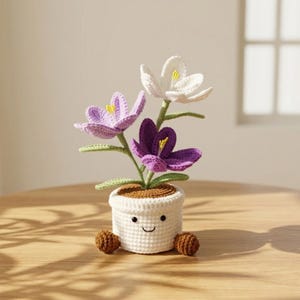 Peut inclure: Une plante en crochet en pot avec trois fleurs de crocus blanches, violet clair et violet foncé aux centres jaunes. Le pot cylindrique blanc présente un visage souriant brodé, deux petits pieds marron et une surface supérieure marron.