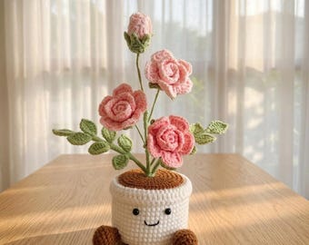 Crochet Rose Flowers in Pot,Knit Rose,Plant Pot Gifts for Birthday,Anniversary,Congratulations Gifts,Office Desktop,Room Decoration