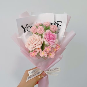 Crochet Pink Rose Flowers Bouquet,Knit Tulip,Finished Small Bouquet,Birthday,Anniversary Gifts for Lover,Girlfriend,Mom,Coworker,Teacher