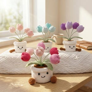 Tulipanes de ganchillo en maceta, rosa tejida, maceta para plantas, regalos para cumpleaños, aniversarios, felicitaciones, escritorio de oficina, decoración de habitaciones